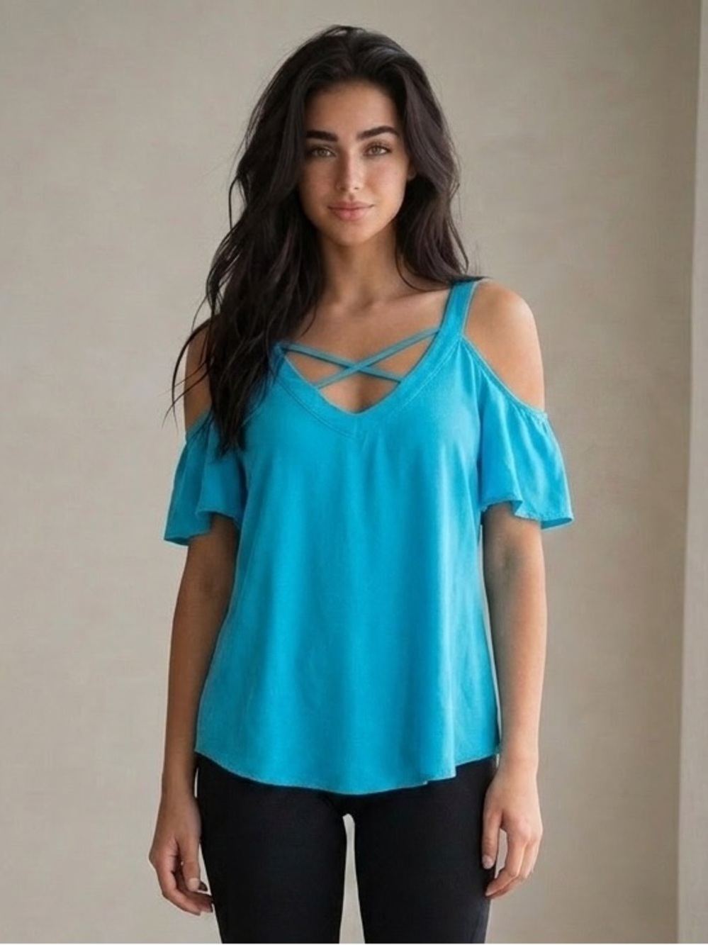 VENUS Teal Cold Shoulder V-Neck Ruffle Camisole Size L